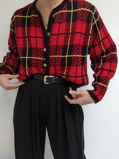 Vintage Crimson Plaid Cardigan