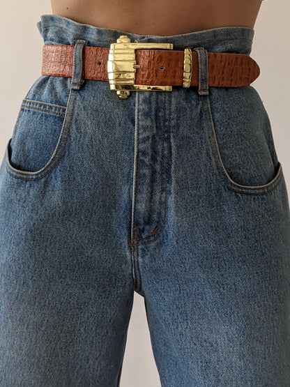 Bold Vintage Croc-Embossed Leather Belt