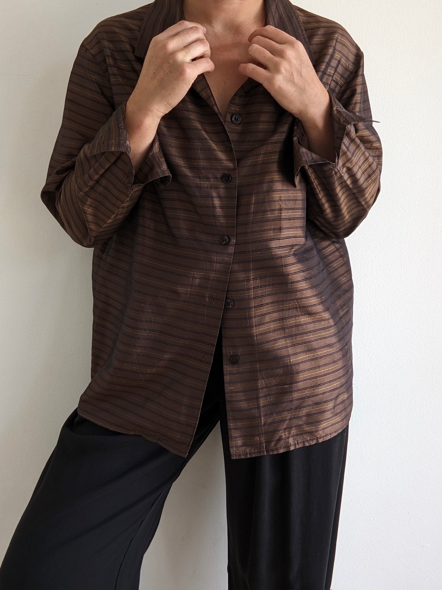 Vintage Chocolate Striped Silk Button Down