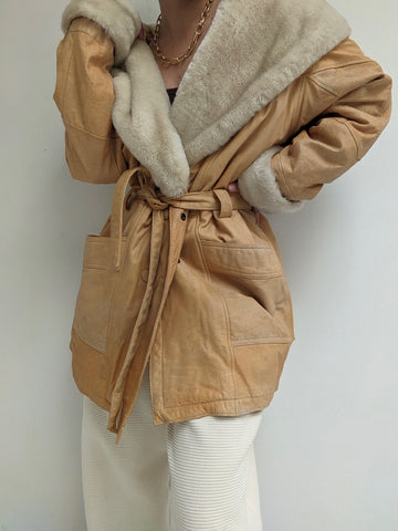 Rare Beautiful Leather & Faux Fur Belted Coat