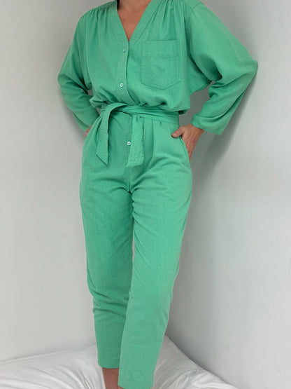 Vintage Belted Jade Raw Silk Jumpsuit