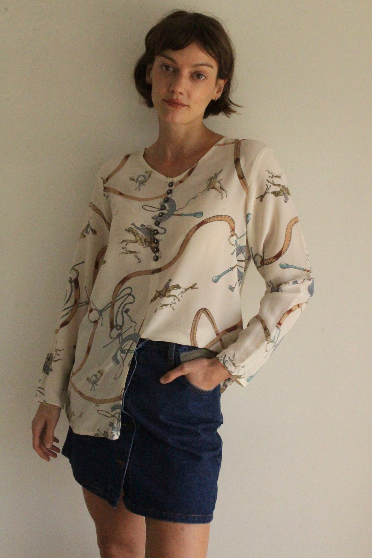 Vintage Equestrian Illustrated Silk Blouse