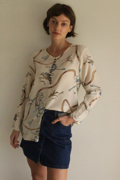 Vintage Equestrian Illustrated Silk Blouse