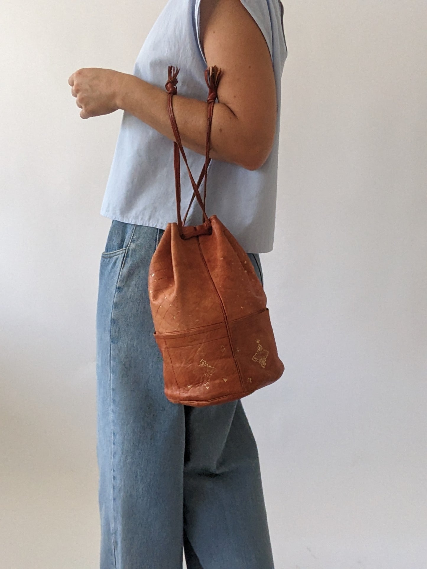 Amazing Vintage Handmade Leather Bucket Bag