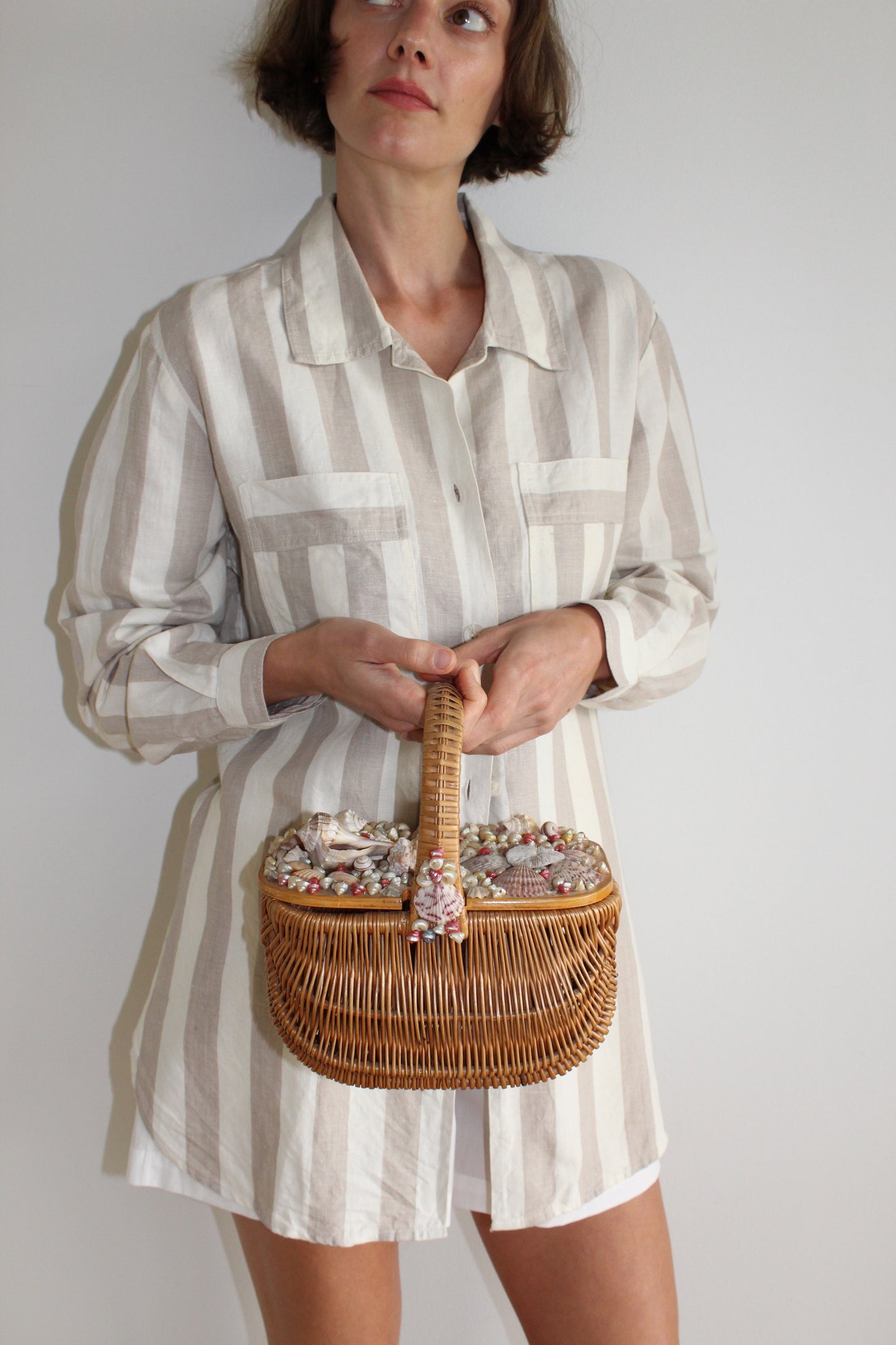 Vintage Striped Linen Pleated-Back Button Up