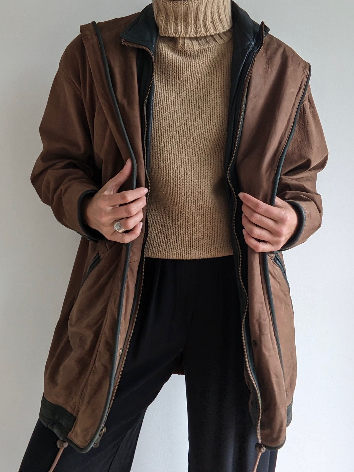 Vintage Hooded Walnut & Forest Leather Jacket