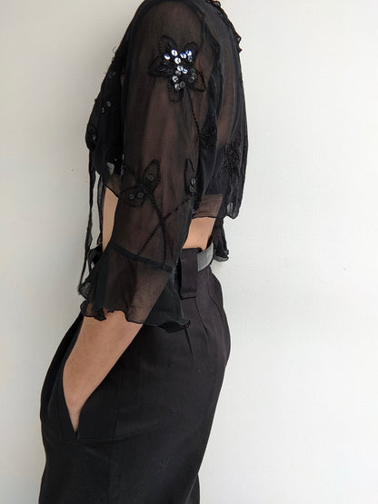 Vintage Embellished Sheer Silk Tie Blouse