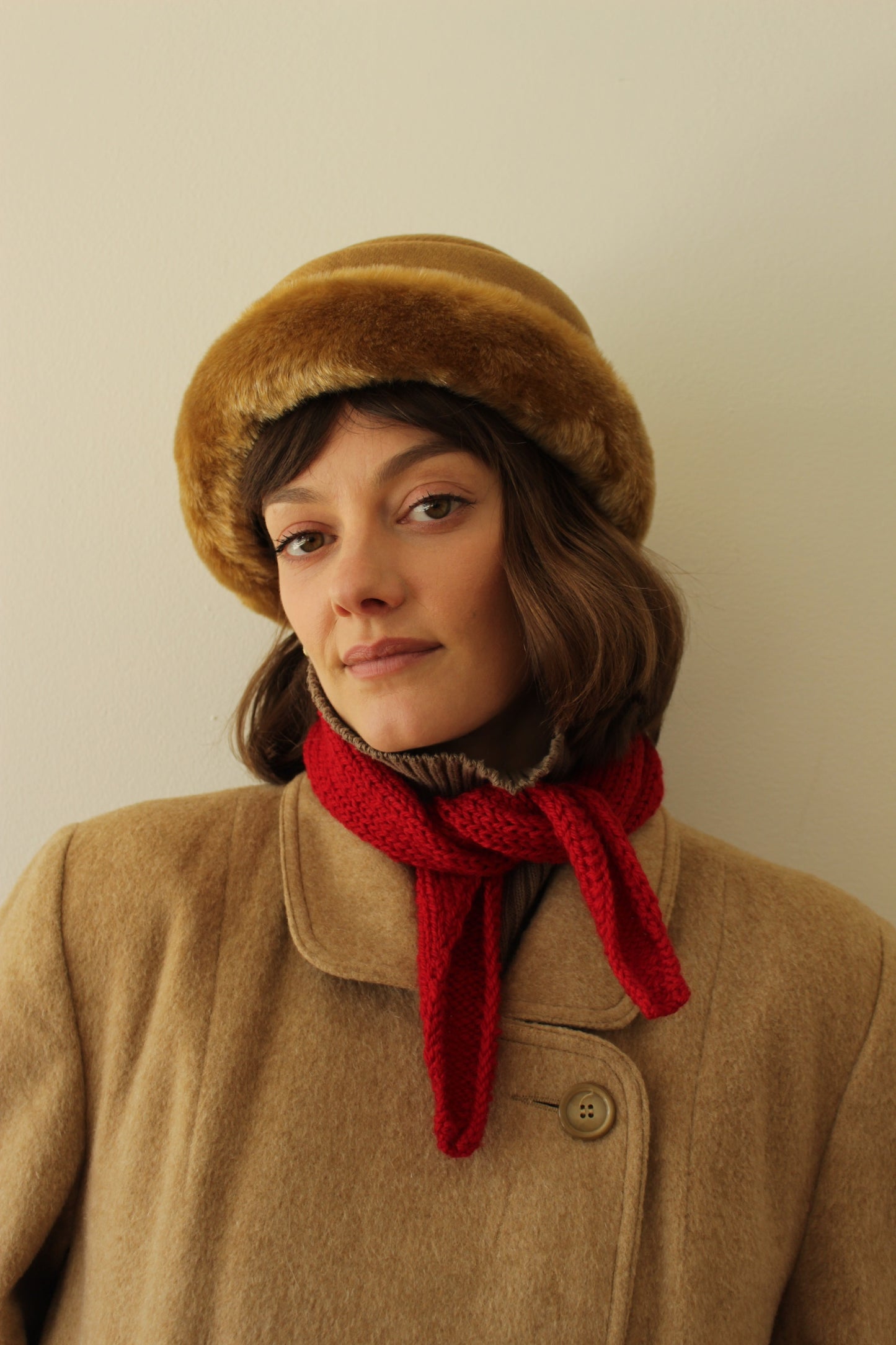 Vintage Caramel Wool Herringbone & Faux Fur Hat