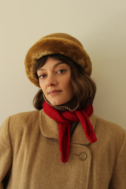 Vintage Caramel Wool Herringbone & Faux Fur Hat