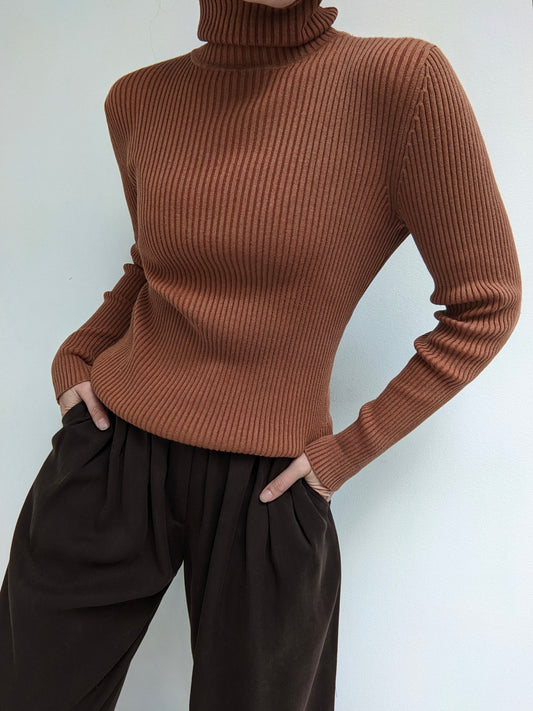 Vintage Hazelnut Silk Ribbed Turtleneck