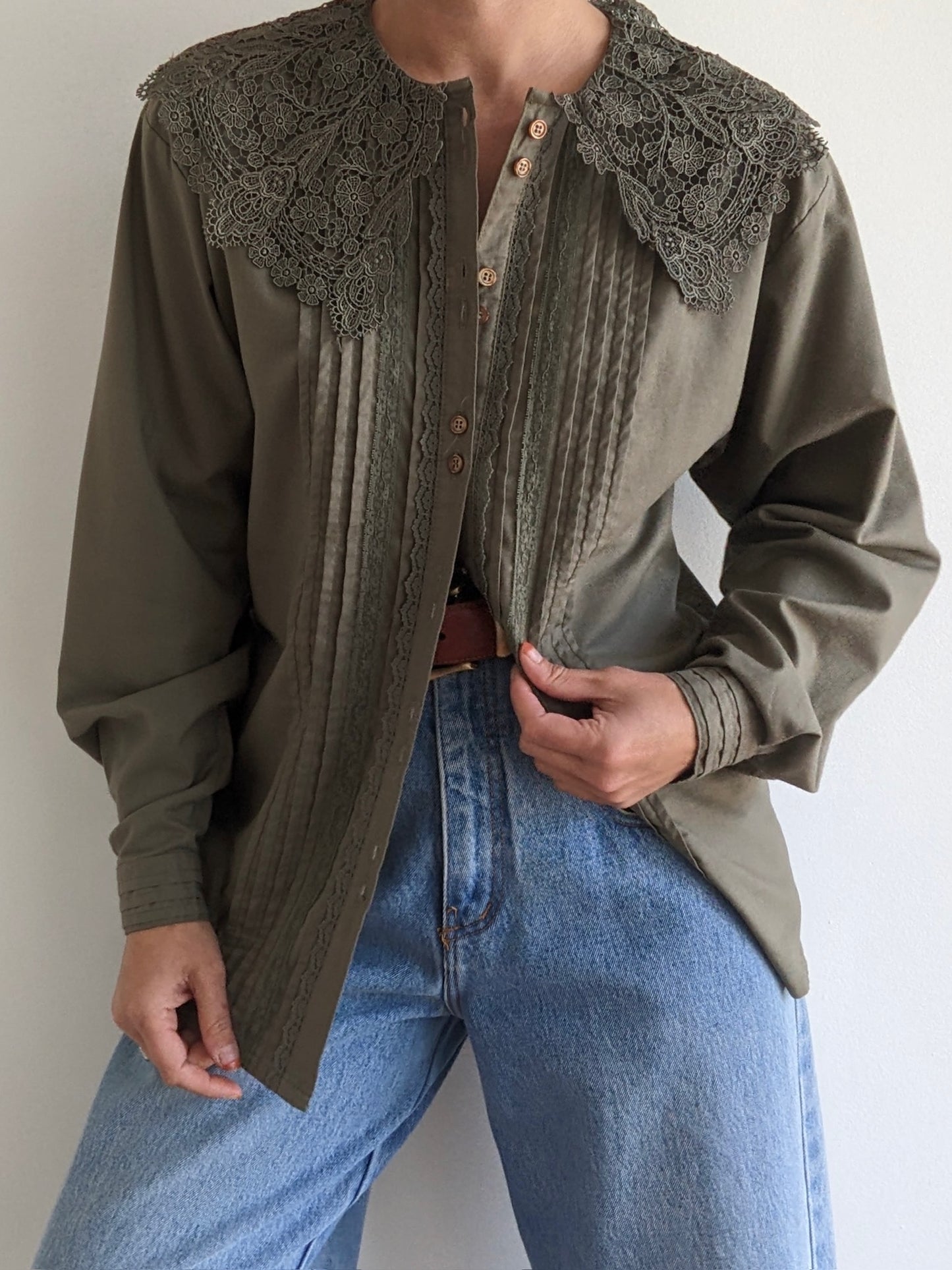 Vintage Olive Lace-Collared Blouse