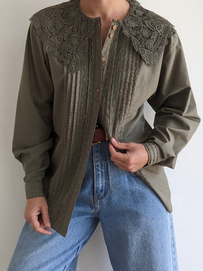Vintage Olive Lace-Collared Blouse