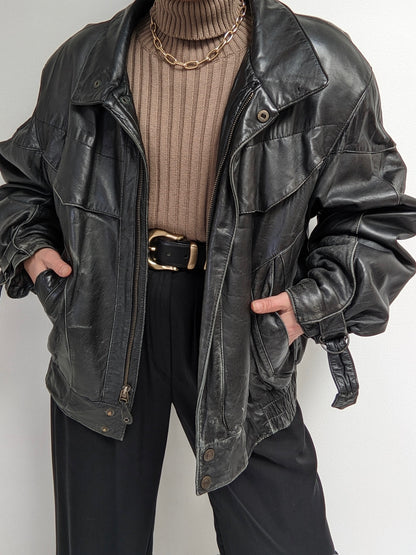 Vintage Faded Black Leather Bomber