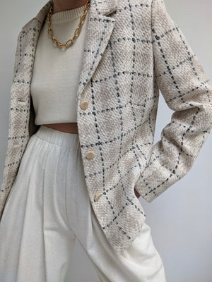Vintage Cream Plaid Woven Silk Blazer