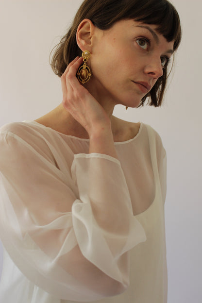 Vintage Faux Seed Pearl & Brushed Gold Earrings