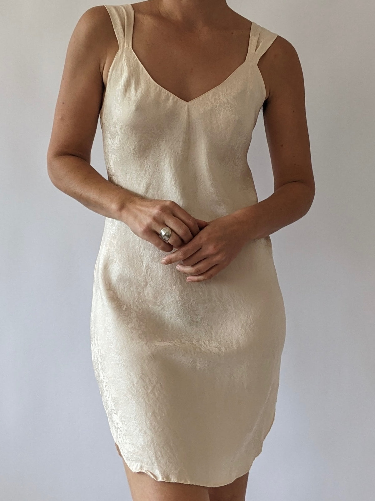 Vintage Cream Printed Silk Slip Dress