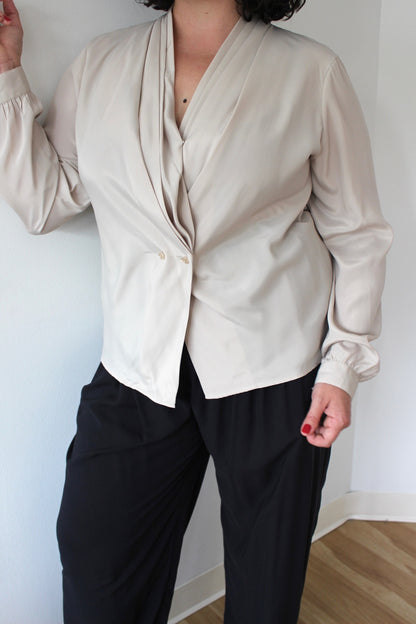 Vintage Low-V Pleated Blouse