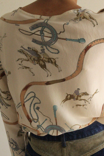 Vintage Equestrian Illustrated Silk Blouse