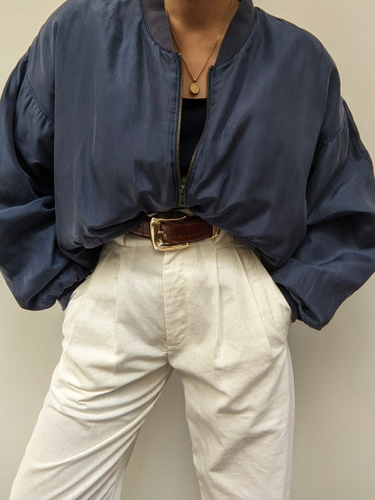 Vintage Stone Blue Silk Bomber Jacket