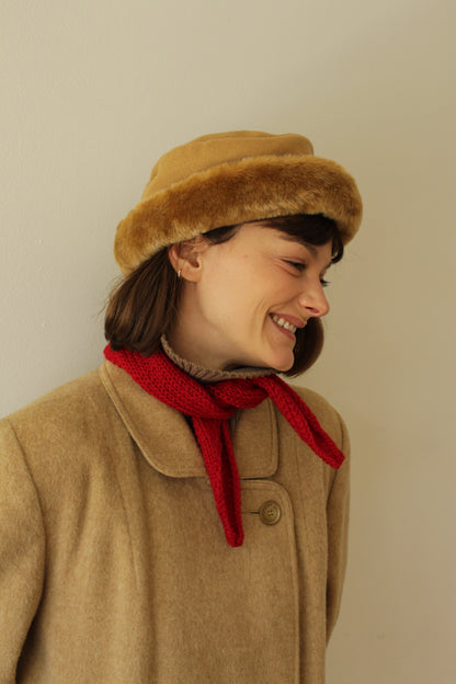 Vintage Caramel Wool Herringbone & Faux Fur Hat