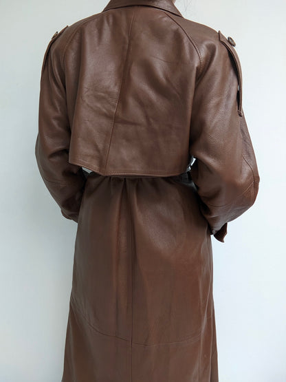 Vintage Tobacco Leather Belted Trench Coat