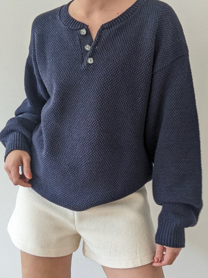 Vintage Navy Woven Cotton Henley