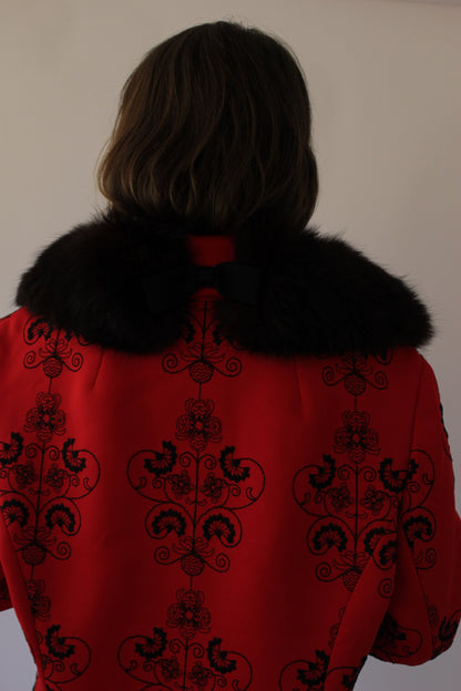 Incredible Vintage Crimson Embroidered Fur-Collar Jacket