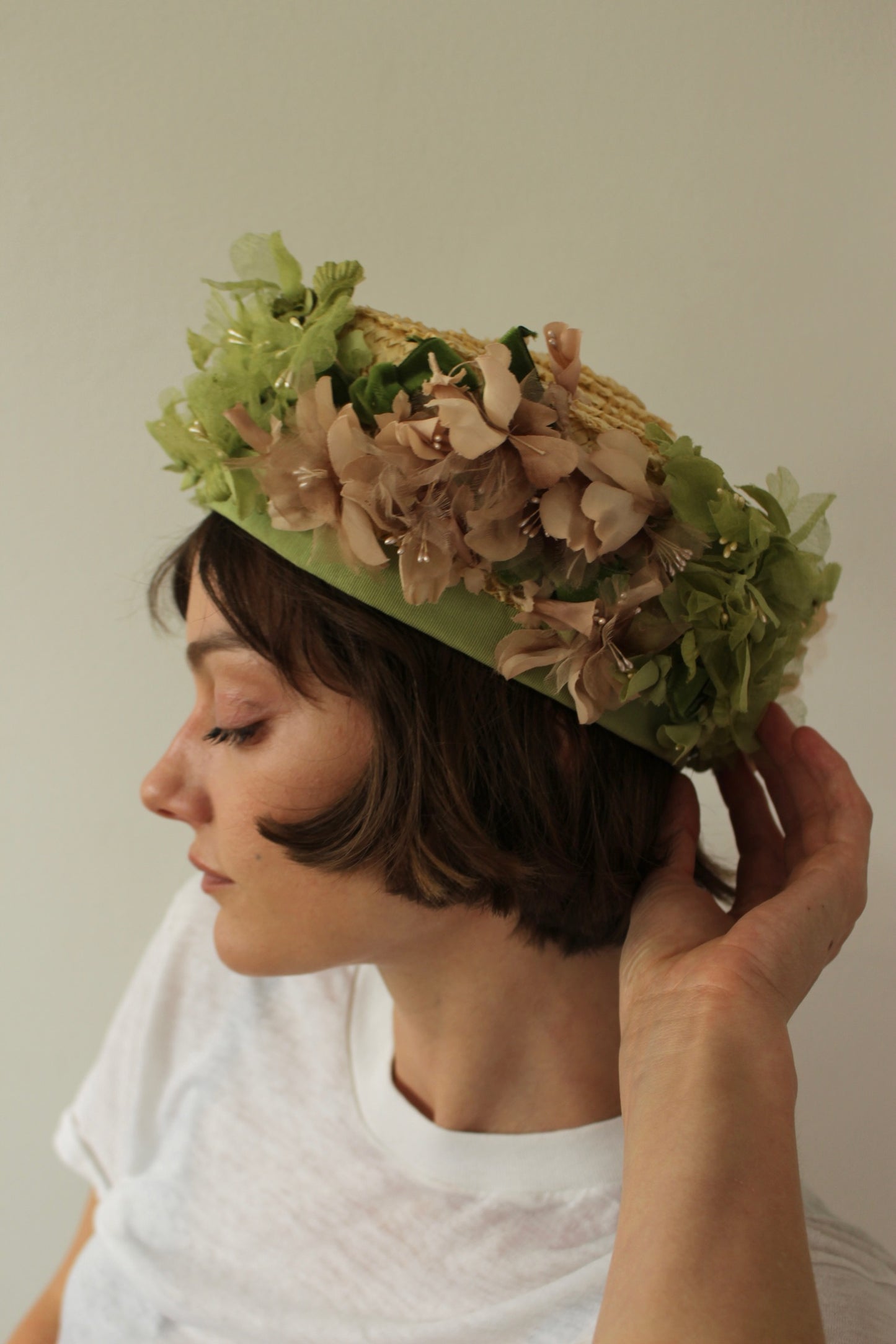 Vintage Floral Trim Woven Straw Hat