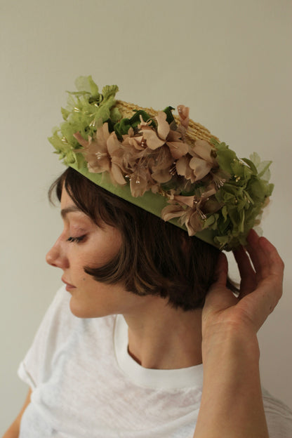 Vintage Floral Trim Woven Straw Hat