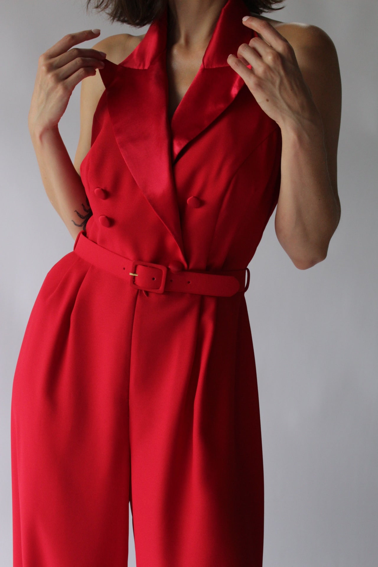 Vintage Crimson Halter Jumpsuit & Bolero Set