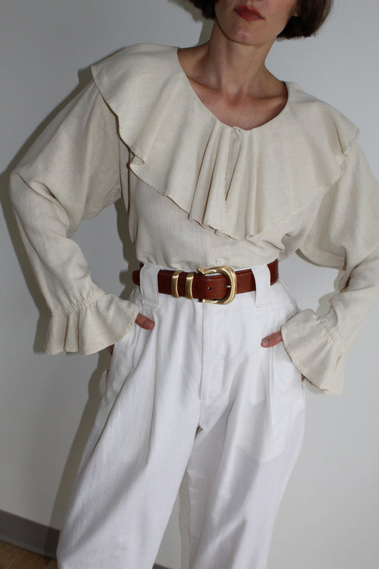 Vintage Sand Silk Ruffled Blouse