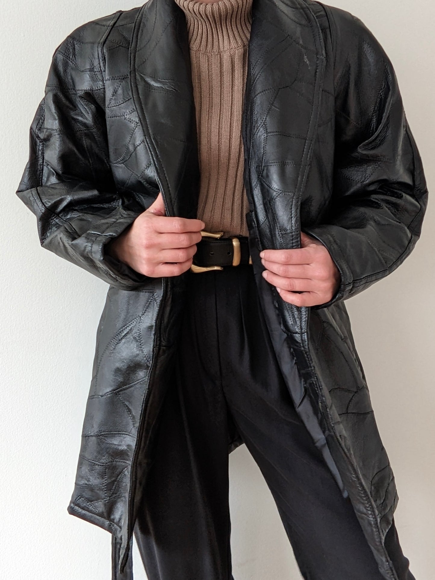 Vintage Onyx Belted Patchwork Leather Coat