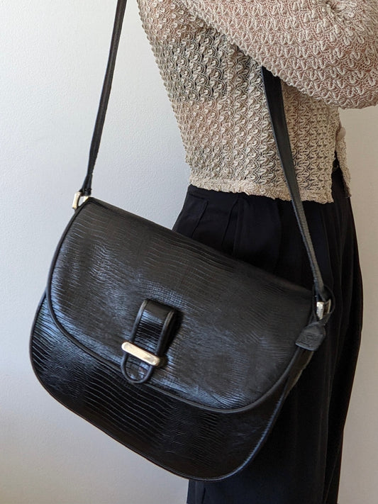 Vintage Onyx Reptile-Embossed Leather Bag