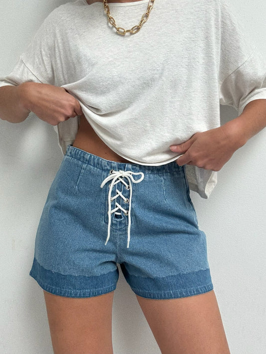 Vintage Lace-Up Denim Shorts
