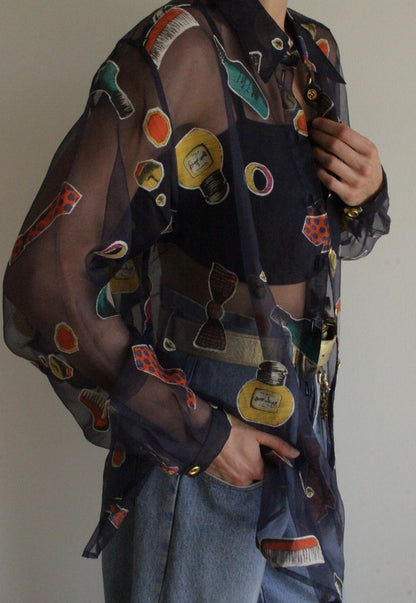 Fun Vintage Sheer Novelty Print Blouse