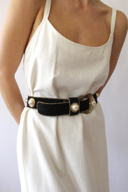 Vintage Black Suede & Faux Cabochon Pearl Belt