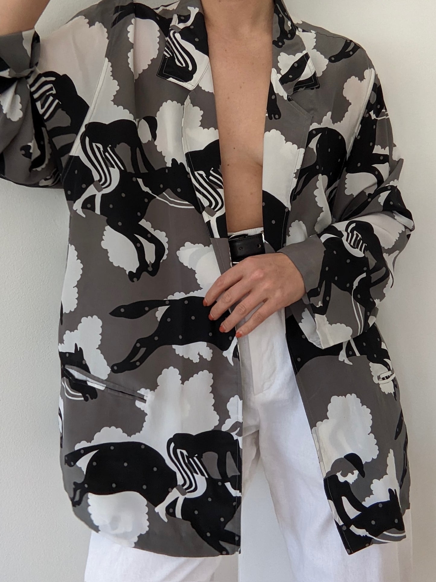 Rare Vintage Equestrian-Themed Silk Open Jacket