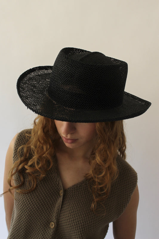Vintage Black Woven Straw Hat