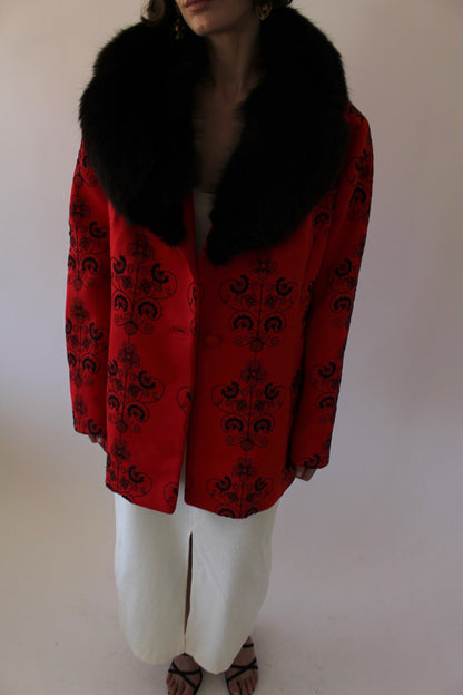 Incredible Vintage Crimson Embroidered Fur-Collar Jacket