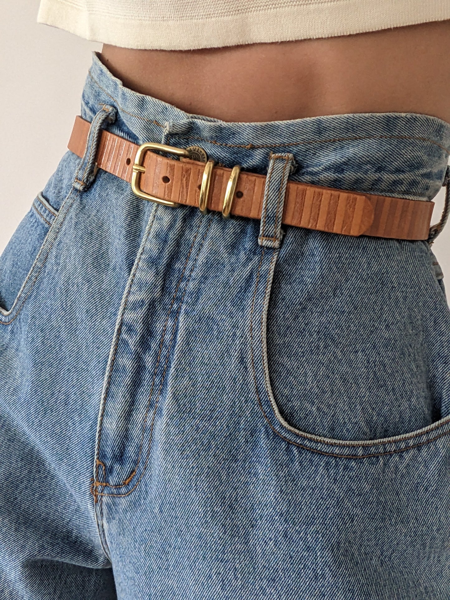 Vintage Striped Leather & Solid Brass Belt