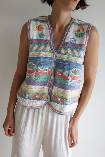 Vintage Fish Embroidered Sweater Vest
