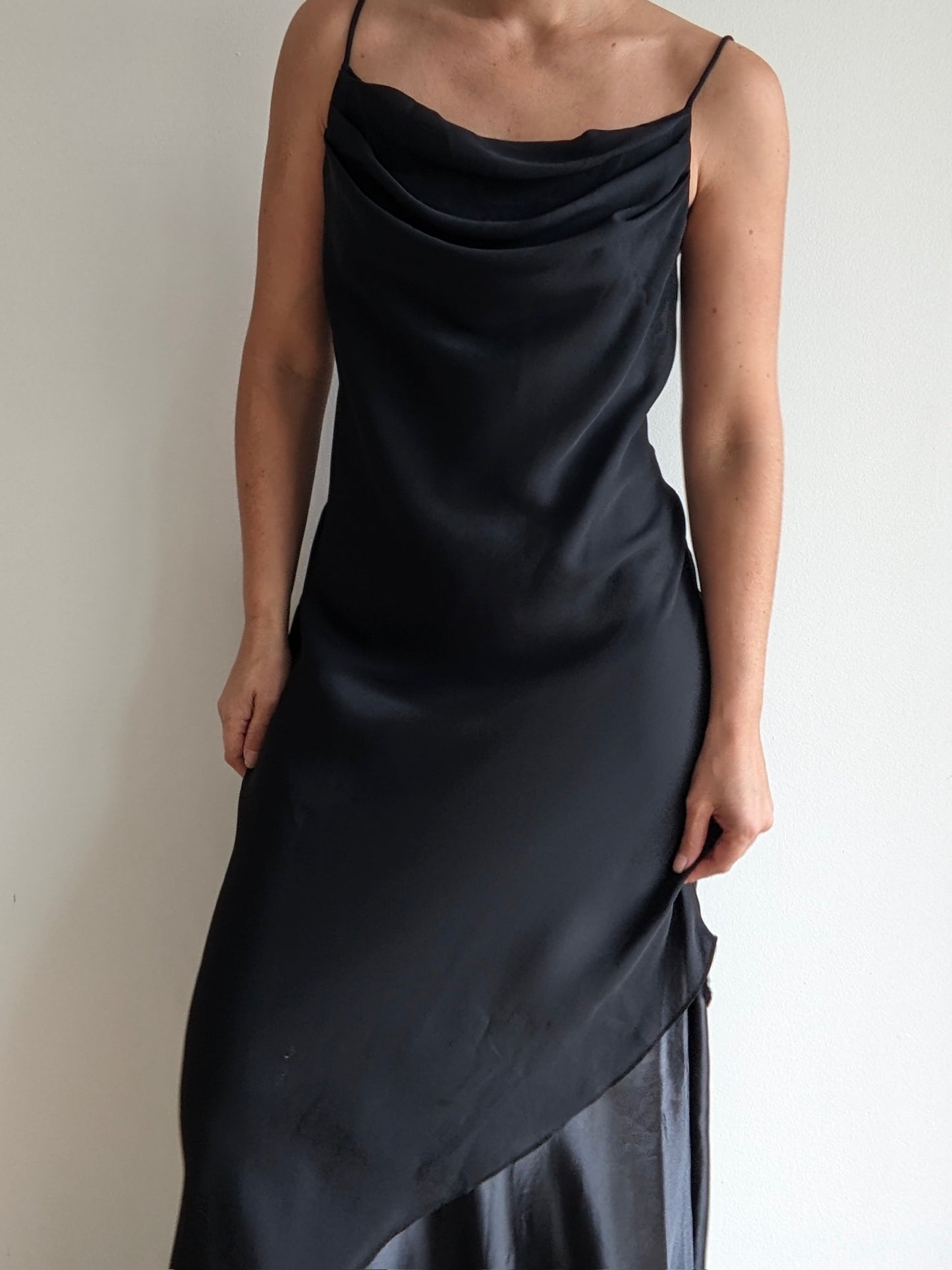 90s Licorice Satin-Accent Evening Dresss