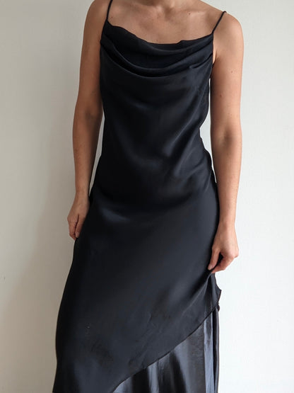 90s Licorice Satin-Accent Evening Dresss