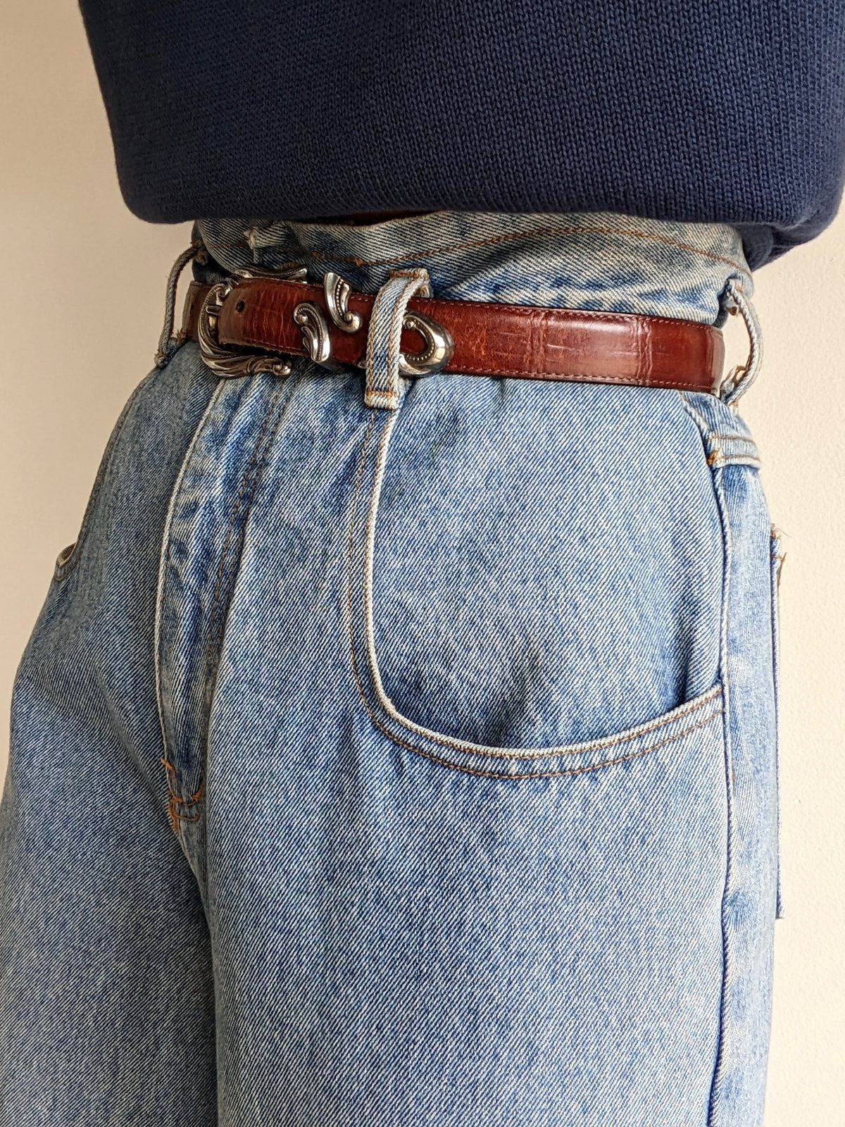 Vintage Walnut Embossed Leather Belt