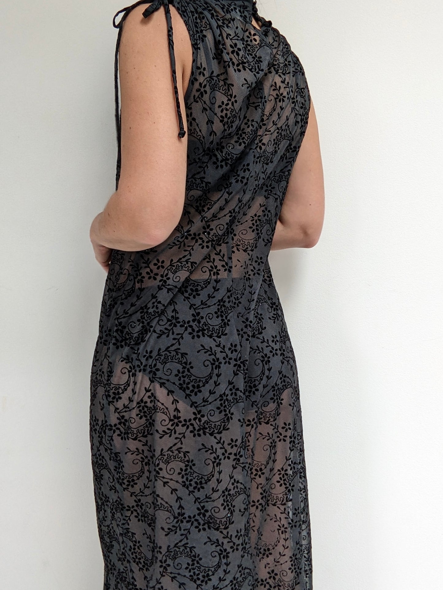 Vintage Sheer Smoke & Velvet Pattern Evening Dress