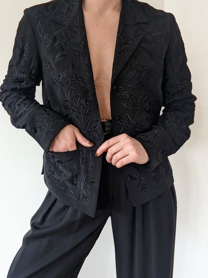 Vintage Dana Buchman Ink Black Embroidered Silk Jacket