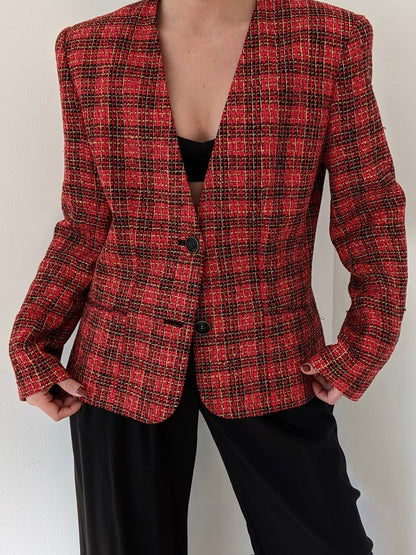 Vintage Crimson Plaid Woven Silk Blazer