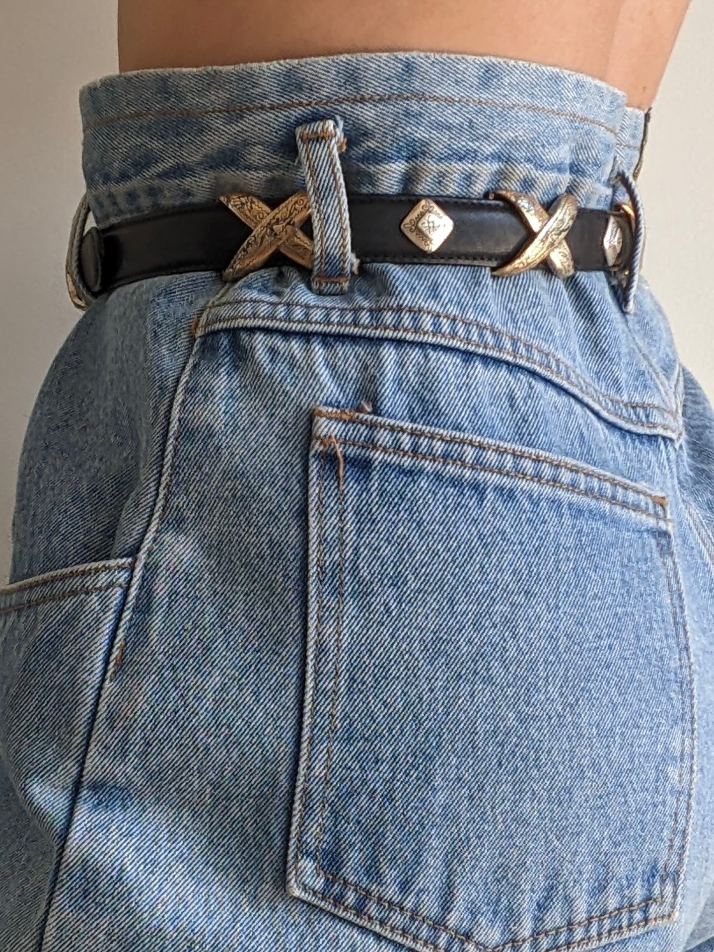Vintage Black Leather & Silver Hardware Belt