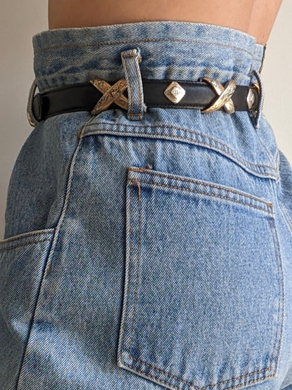 Vintage Black Leather & Silver Hardware Belt