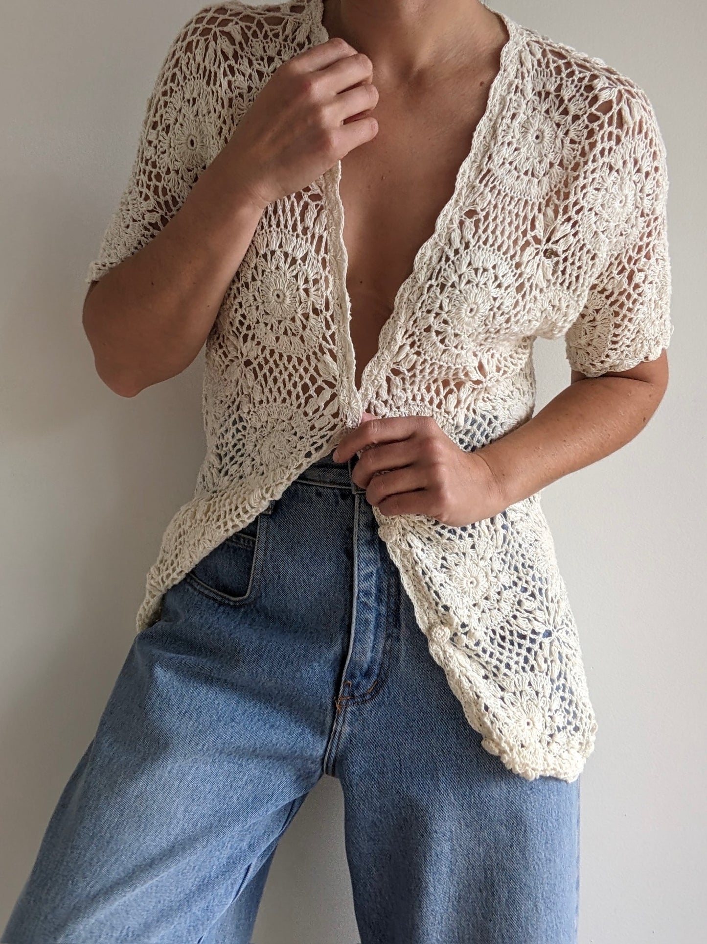 Beautiful Vintage Cream Hand-Crocheted Cardigan